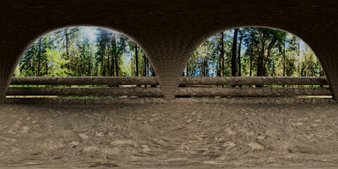 360 HDRI image of a rustic stone structure with arched windows and a wooden fence, overlooking a sunny forest. Ideal for nature rendering, architectural visualization, and CGI lighting.