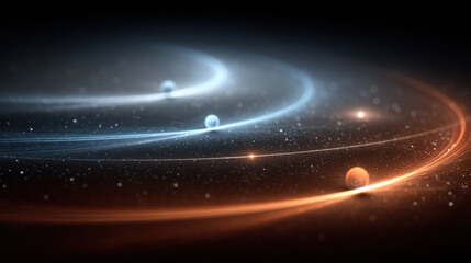 Celestial bodies in chaotic orbits with glowing trails illuminating the vastness of deep space