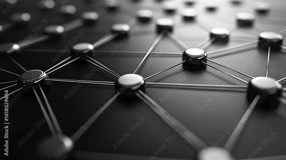 Poster sleek minimal graphic of interconnected nodes illustrating the flow of information in a digital land