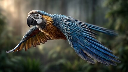 An animated parrot flying through a ray of golden sunlight breaking through the forest canopy, with vibrant feathers in motion.