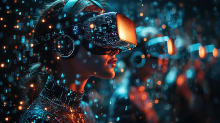 Crowd immersed in virtual reality with social media symbols highlighting digital age paradoxes and social fragmentation
