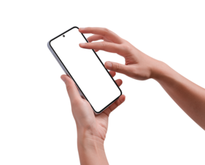 Hands using a smartphone with blank customizable screen isolated on transparent PNG.
