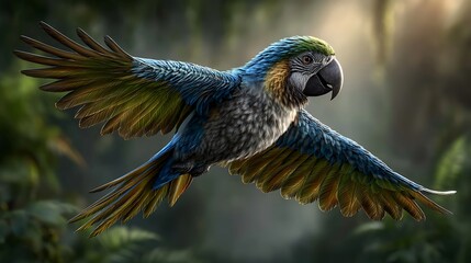 An animated parrot flying through a ray of golden sunlight breaking through the forest canopy, with vibrant feathers in motion.