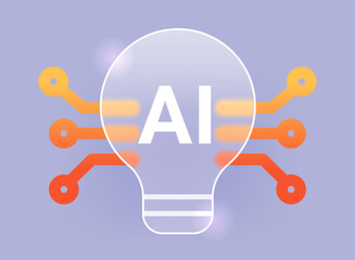 Electric bulb with microcircuits glass morphism icon. Ai lamp idea generator technology vector symbol