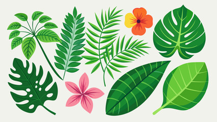 Naklejka premium Vector art of a collection of various tropical leaves and flowers isolated on a beige background