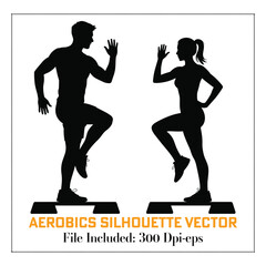 Aerobics silhouette vector set of women and men fitness workout exercise pose collection