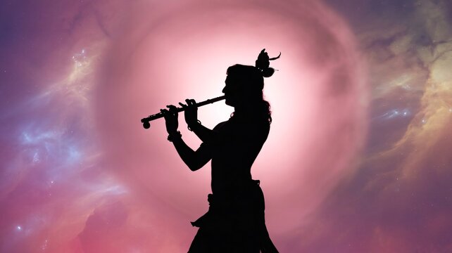 Celebrate Krishna Janmashtami with the divine melody of Krishna playing his enchanting flute against a mystical cosmic background - Powered by Adobe