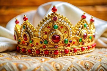Fototapeta premium An Exquisite Ornate Golden Crown Adorned With Red And Green Precious Gemstones And Pearls Resting On A Silk Cloth With Intricate Patterns