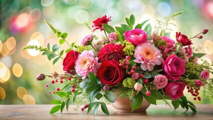 Obraz premium Colorful floral arrangement with pink and red flowers, greenery, and a few ornamental branches