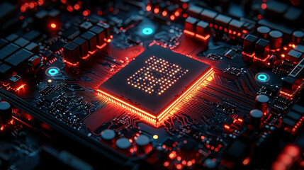Futuristic computer motherboard showcases glowing neural processing unit with intricate circuit design and neon highlights