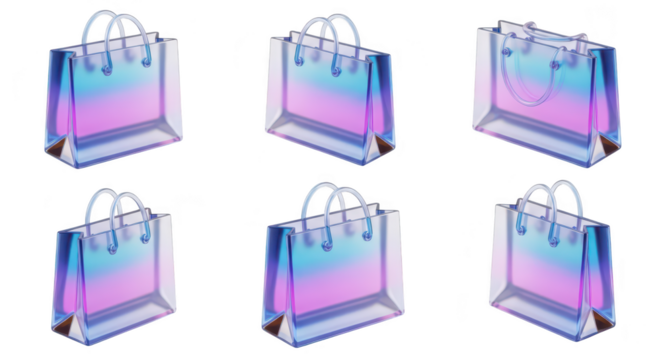 Six holographic clear shopping bags displayed against a white background for retail sales fashion and store use