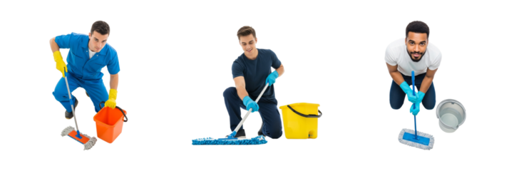 Young male cleaner png set kneeling with mop bucket

