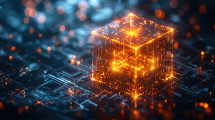 Artistic abstract visualization of a quantum processor featuring 10,000 entangled qubits glowing within a transparent cube