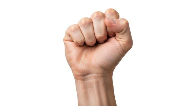 Fist gesture representing the letter e in american sign language isolated on white background