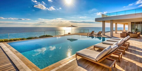 Fototapeta premium Luxurious oceanfront hotel with private pool and sunbathing area overlooking the sea