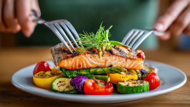 Grilled salmon with fresh herbs and vegetables creates vibrant low carb summer meal full of healthy flavors and colors