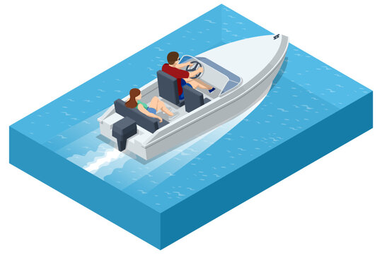 Fototapeta An isometric illustration of a man and a woman riding a white motorboat, creating waves on blue water, symbolizing speed and enjoyment of water sports