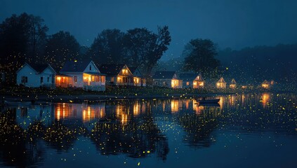 Obraz premium Nighttime lakefront houses lit by fireflies