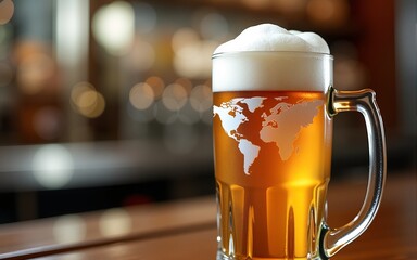 Close-up of a frothy beer mug with a global map foam design, symbolizing International Beer Day, on a wooden bar. High quality