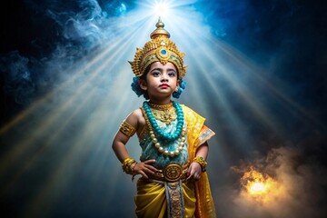 Fototapeta premium A young child adorned in a magnificent Krishna costume stands under a radiant light source emanating from above with a dramatic cloudy background enhancing the divine atmosphere