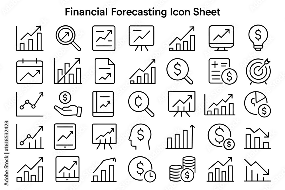 Poster financial forecasting icon set: a collection of meticulously designed icons representing various asp