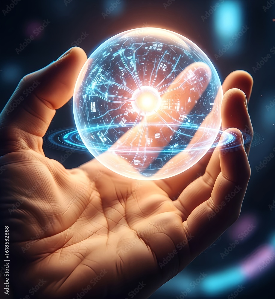 Poster hand holding a glowing ai sphere symbolizing the power and potential of artificial intelligence.