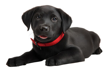 Obraz premium Black Labrador puppy with red collar lying down, smiling, white background