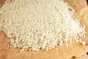 Food salt crystals sea food salt spices food additive gourmet food background on the table rustic food top view copy space