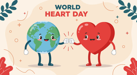 Vector illustration of the earth and heart fist bump together, celebrate world heart day