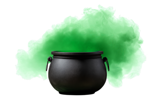 Witch's cauldron with green smoke isolated on a transparent background in PNG format.