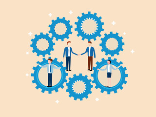 Business teamwork concept with gears and business people shaking hands and collaborating