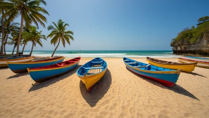 Colorful fishing boats rest on a tropical beach with palm trees and clear blue water