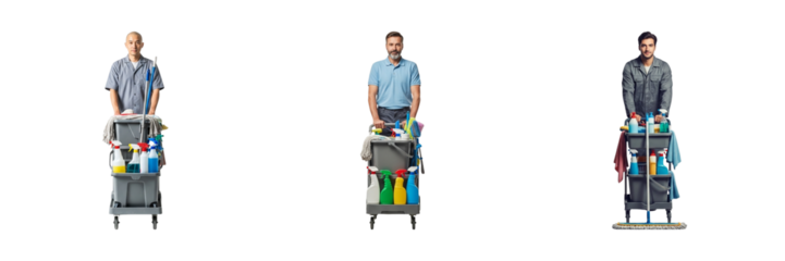 Male janitor pushing cleaning trolley png sets isolated

