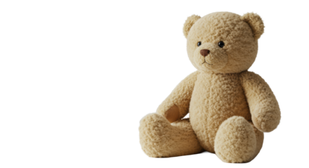 Pristine light brown classic teddy bear with soft textured fur, seated on a white blanket, gentle expression, soft bokeh background, symbolizing corporate trust and care