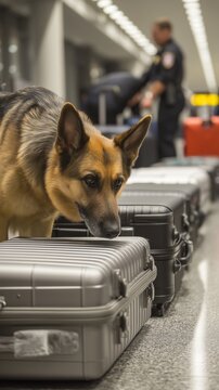 Security dog sniffing luggage near passport control area, performing inspection for contraband, drugs, or explosives. Airport security, customs and border safety measures during international travel.