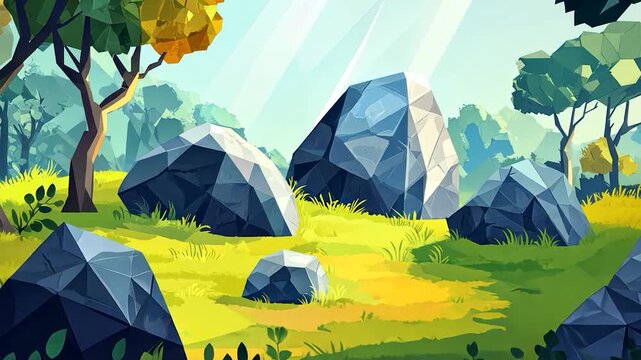 Low-poly landscape with rocks and trees