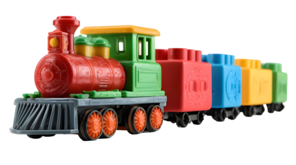 Colorful toy train with engine and carriages isolated on transparent background