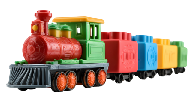 Colorful toy train with engine and carriages isolated on transparent background