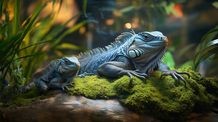 
A Mother and Baby Iguana Resting on Mossy Ground in a Terrarium
테라리움 안 이끼 낀 땅에 쉬고 있는 어미와 아기 이구아나