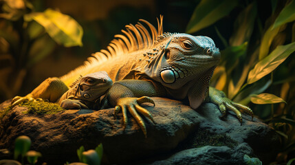 
A Mother Iguana Resting with Her Baby on a Warm Rock
따뜻한 바위 위에서 아기와 쉬고 있는 어미 이구아나