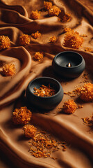 Decorative elements for Diwali celebration. Two black bowls with flower petals and candles on a golden fabric background. Warm and festive atmosphere.