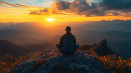 Obraz premium a solo traveler sitting on a rock, gazing at a panoramic sunset view from a high viewpoint