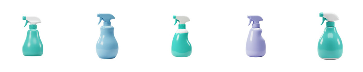 3D colorful plastic spray bottles isolated white png set

