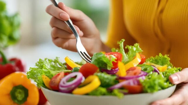 Fresh low carb summer meal with vibrant salad of colorful vegetables including lettuce, tomato, onion, and bell pepper