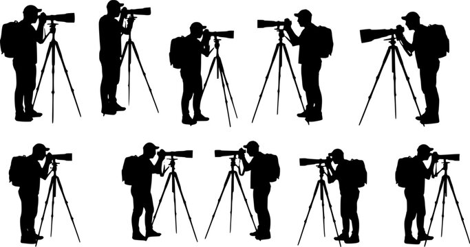 Silhouettes of photographers in various poses with professional cameras and tripods