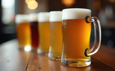Row of mugs with cold fresh golden beer on wooden table on blurred background. Craft beer on glasses Oktoberfest, international beer day and St. Patrick's day celebration in a pub or bar. Copy space
