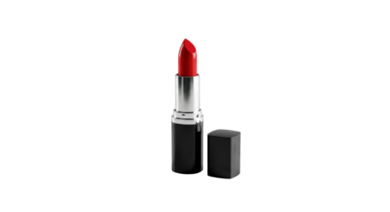 Vibrant red lipstick with black and silver casing and detached cap, on a pristine minimalist white surface with soft high-key studio lighting, concept of personal branding and empowerment