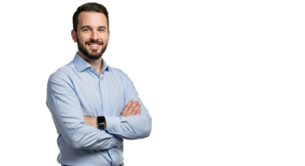 Young caucasian male professional, early 30s, in business casual, arms crossed, smiling confidently on a transparent studio background with copy space, Concept of corporate trustworthiness and