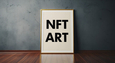 Obraz premium Pixelated NFT Art in Golden Frame Displayed on Wooden Floor Against Gray Concrete Wall