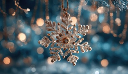Sparkling snowflake ornament, bokeh background